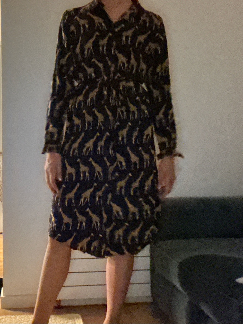 Navy Blue Giraffe-Print Long Sleeve Shirt Dress